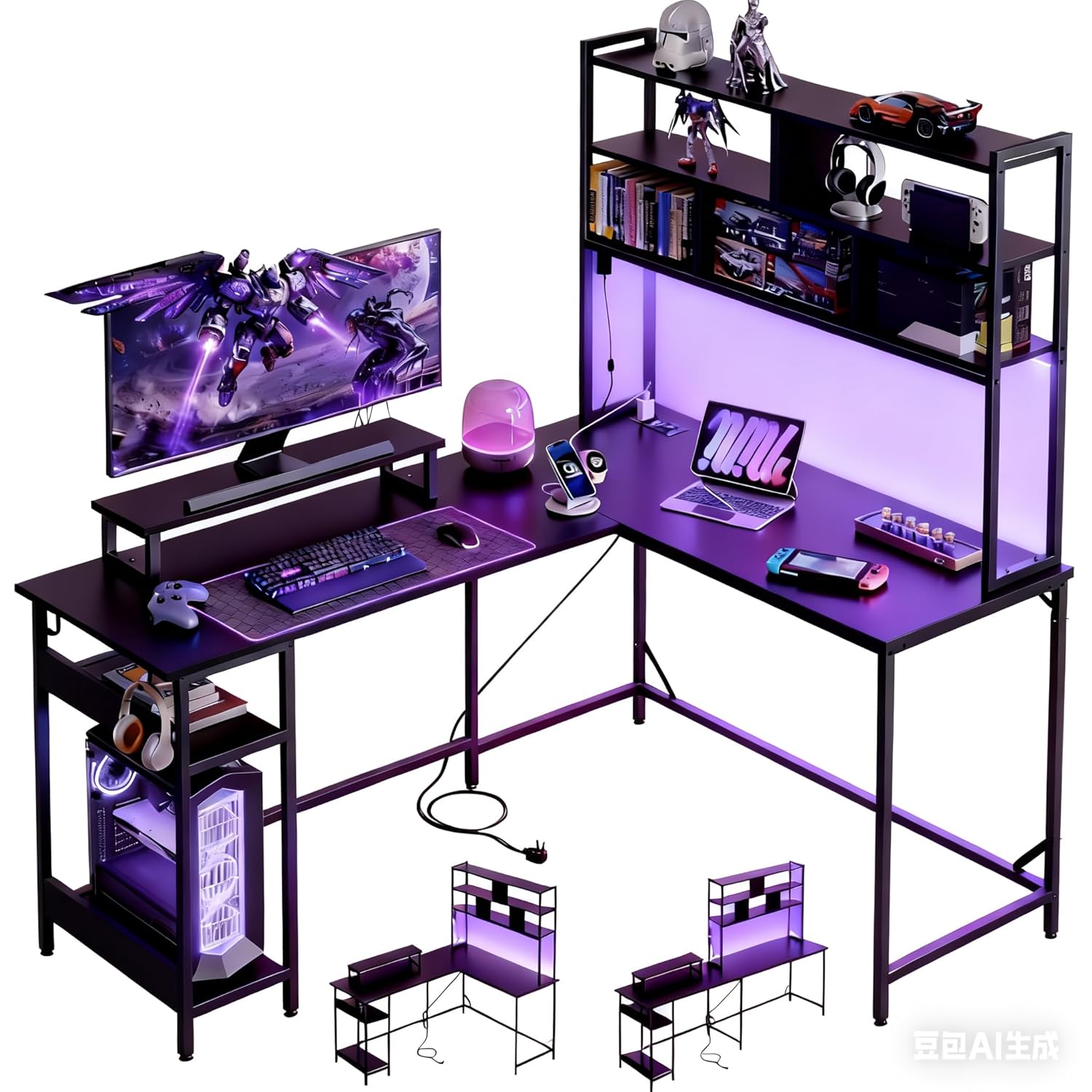 Pc Zotac Gaming - โต๊ะเล่นเกมรูปตัว L พร้อมฮัทช์ โต๊ะคอมพิวเตอร์แบบพลิกกลับได้พร้อมไฟ LED ชั้นวาง