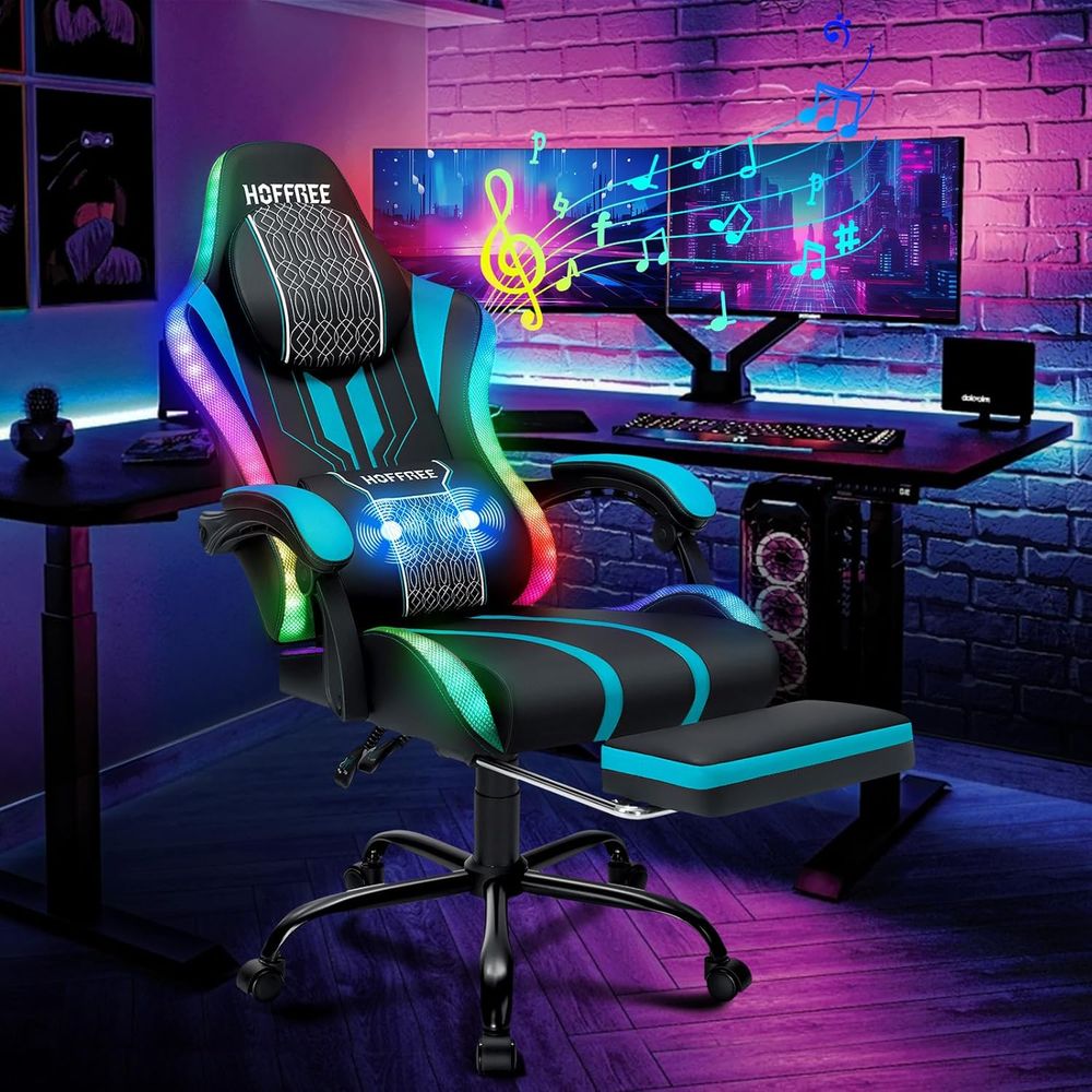 Gaming Speaker - เก้าอี้เกมมิ่งพร้อมไฟ LED ลำโพง ระบบนวด เก้าอี้คอมพิวเตอร์ขนาดใหญ่พิเศษ-สีน้ำเงิน |