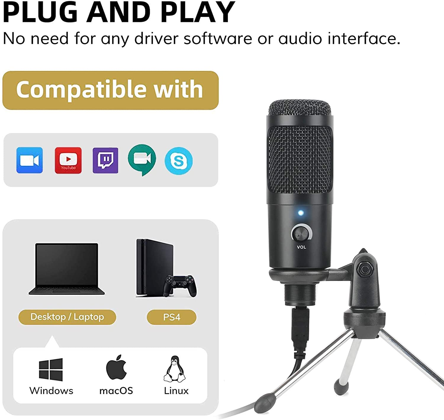 USB คอนเดนเซอร์ไมโครโฟนไมโครโฟ - Pc Gaming Youtube บทวิจารณ์และราคา